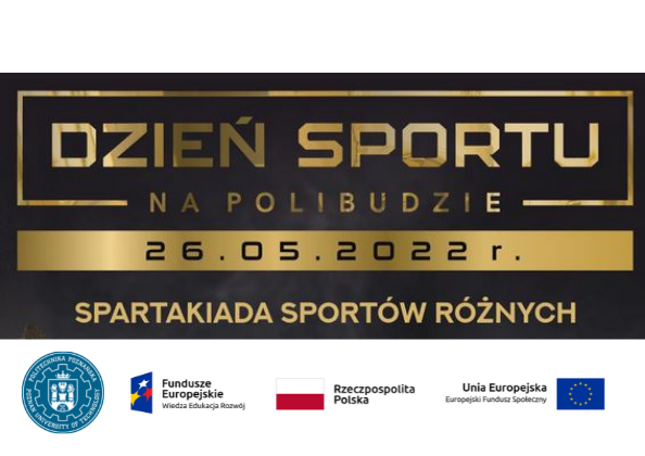 Złoty napis dzień sportu na czarnym tle wraz z datą 26 maja 2022