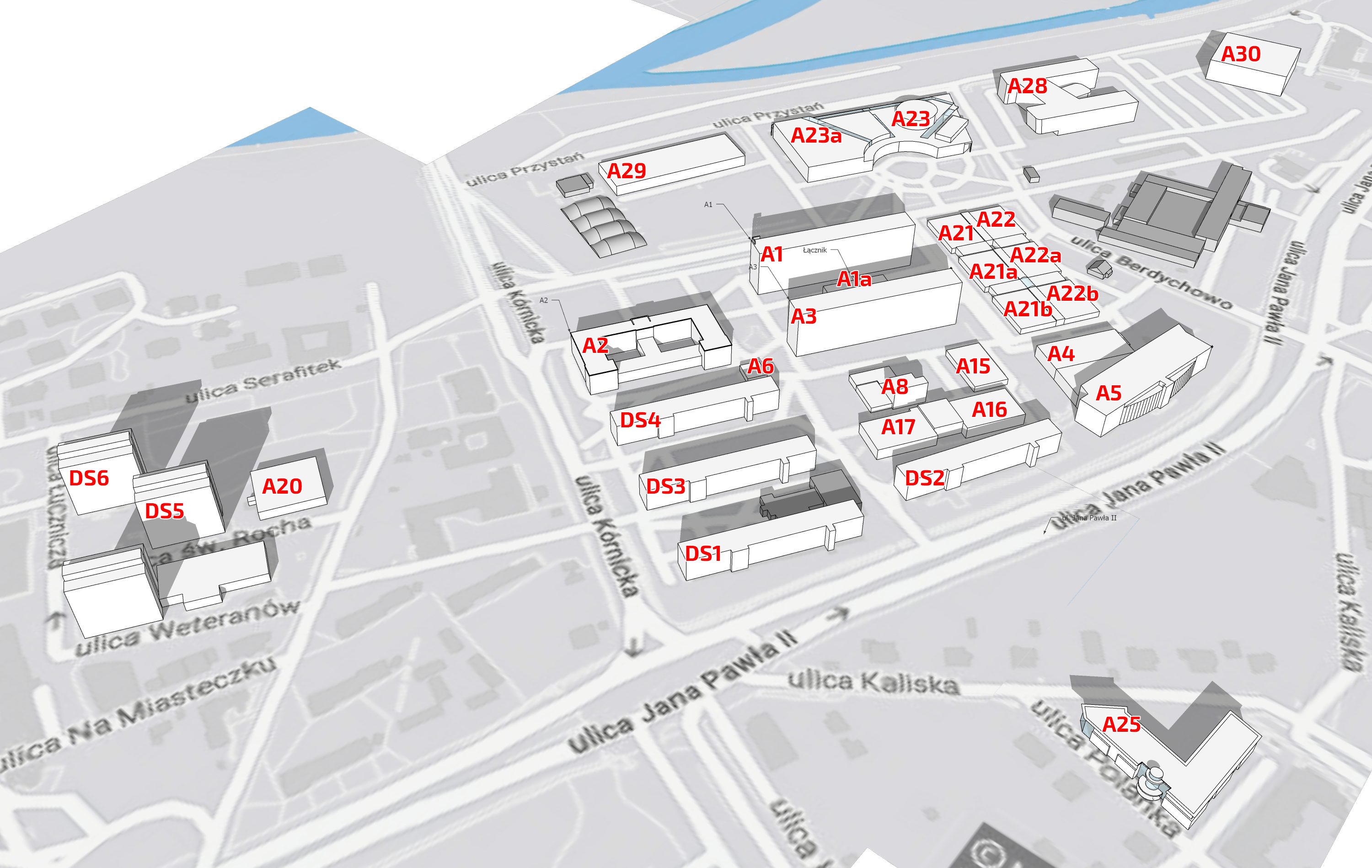 Mapka poglądowa Kampusu Piotrowo wskazująca lokalizację poszczególnych obiektów