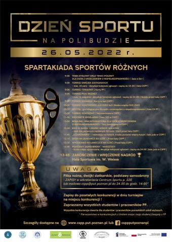 Plakat Dzień Sortu - Spartakiada sportów różnych - wypisane wydażenia planowane na Dzień Sportu