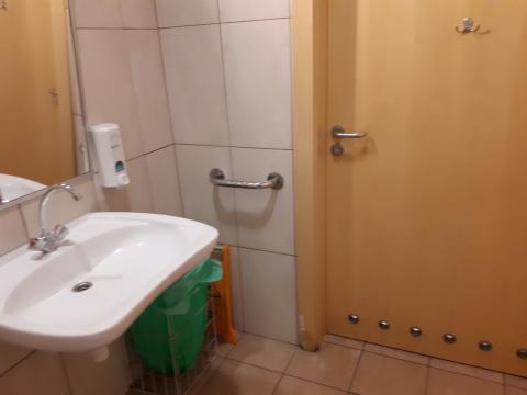 Toaleta dostosowana. Umywalka i drzwi wyjściowe