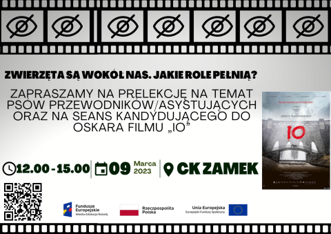 Plakat wydarzenia na którym widać termin, nazwe i miejsce wydarzenia. Z prawego boku widać plakat filmu IO.