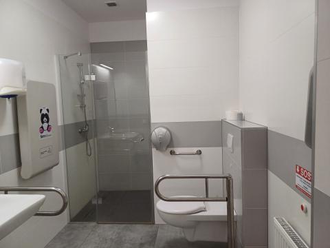 Od prawej: Muszla ustępowa, prysznic i umywalka