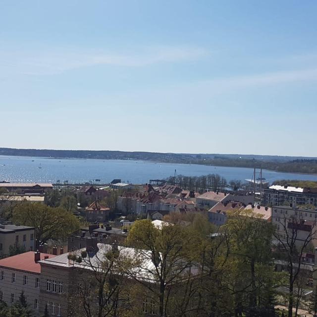 Panorama miasta z wieży widokowej. Jezioro w tle 